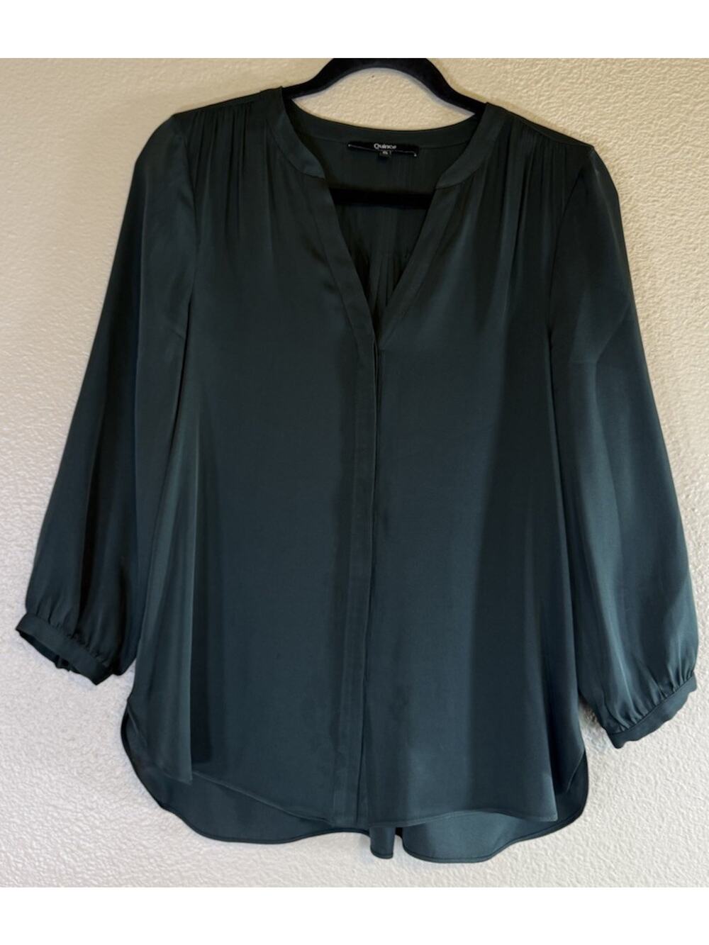 Quince Silk Blend Blouse S Dark Green Pleat V-Neck Washable Business Casual